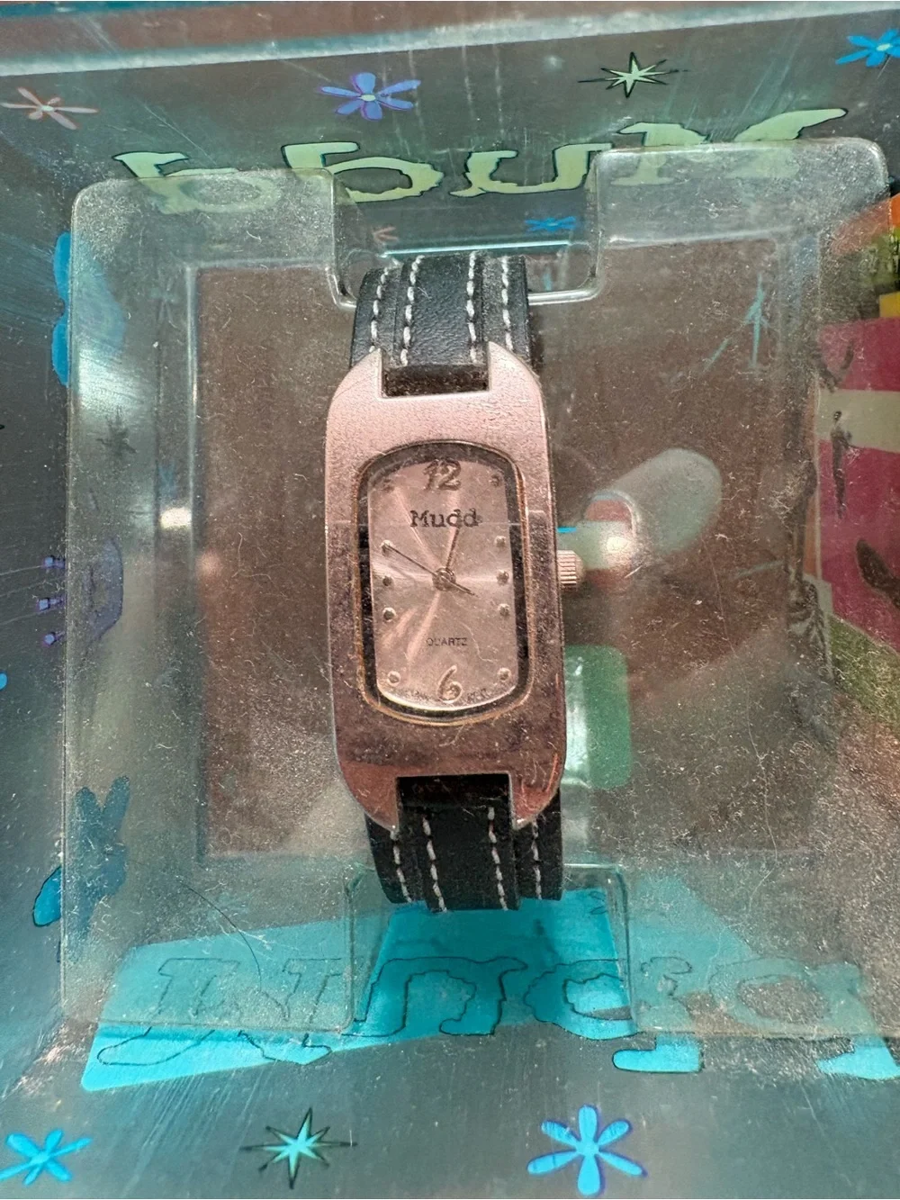 Y2K Mudd Quartz Watch Black Leather Strap Rectangle Face With Mudd Box